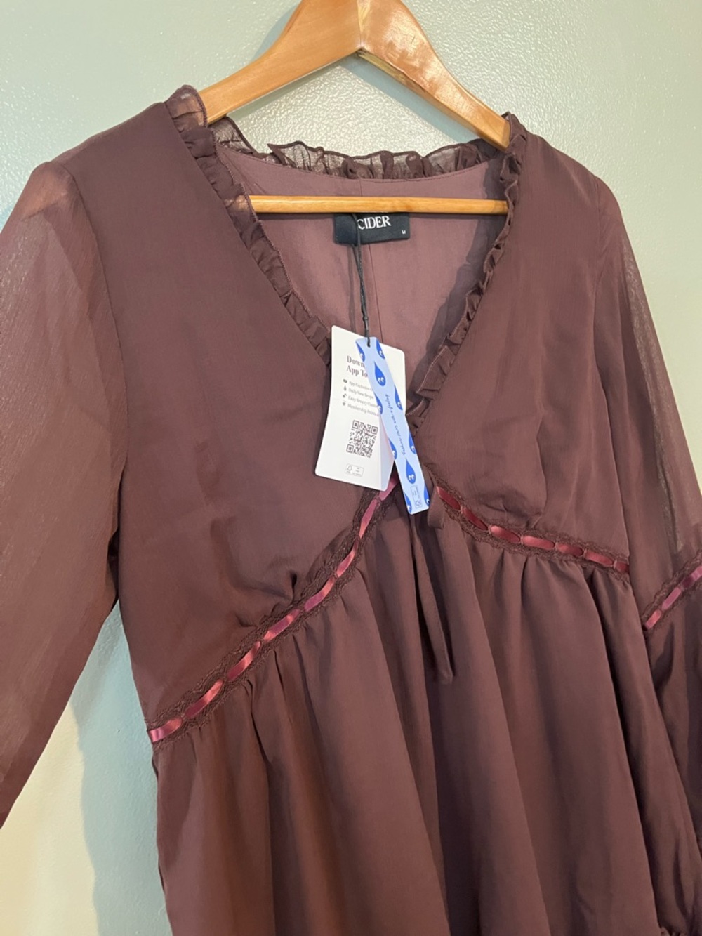 Sheer Ruffle V-Neck Mini Dress in Chocolate Brown By Cider Baby Doll M NWT - Picture 4 of 12